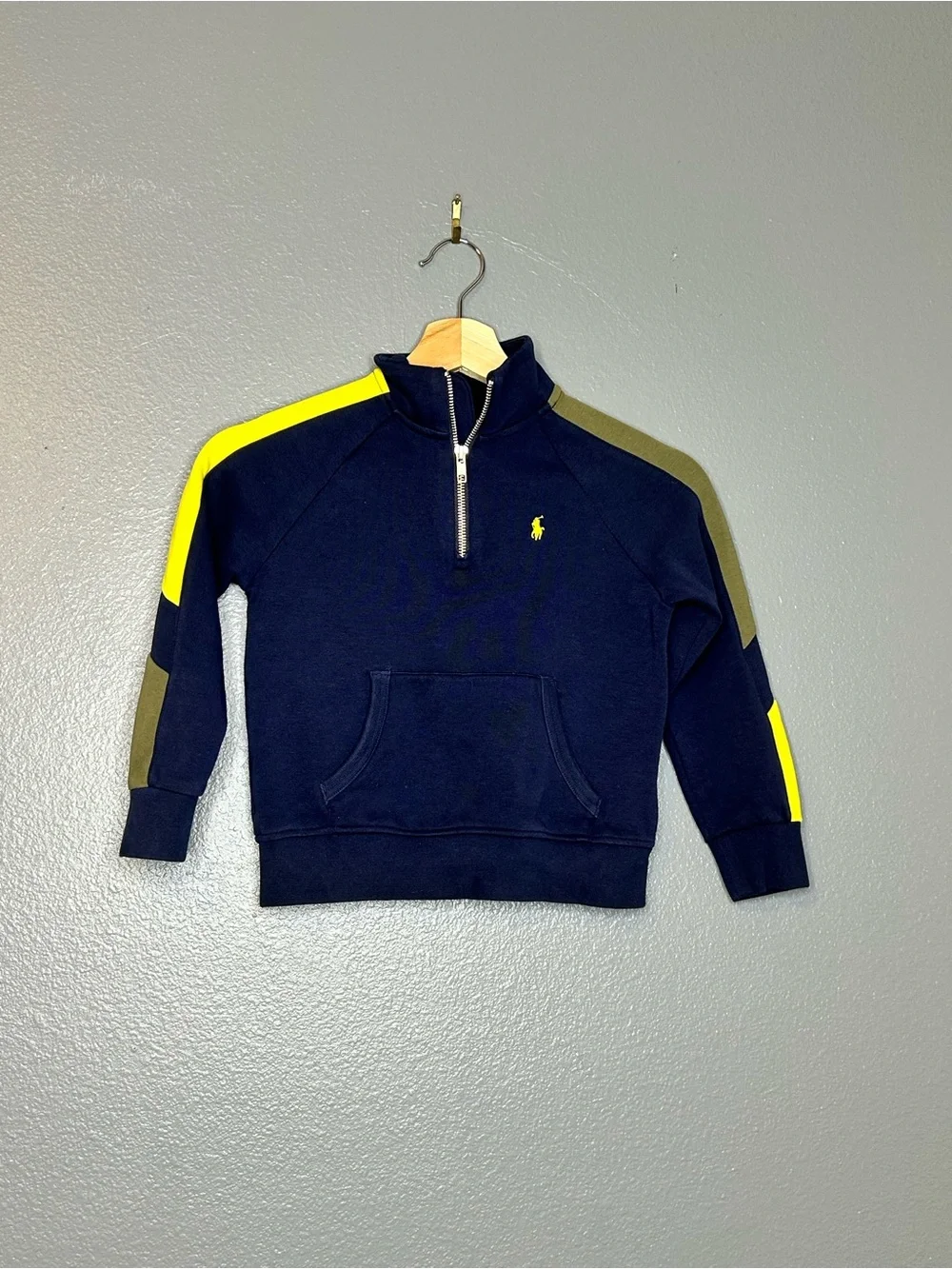 Ralph Lauren Navy Blue Half-Zip Sweatshirt with Yellow Stripes Boys 5T